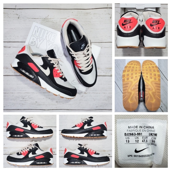 Size 13 | Nike by You Air Max 90 Premium White Red Blk Sail Gum Sole DJ2663-991 main image 10